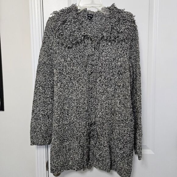 Rafaella Sweater Women's Lg Black White Full Zip Fringe Collar Long Sleeve VGUC - Picture 1 of 10